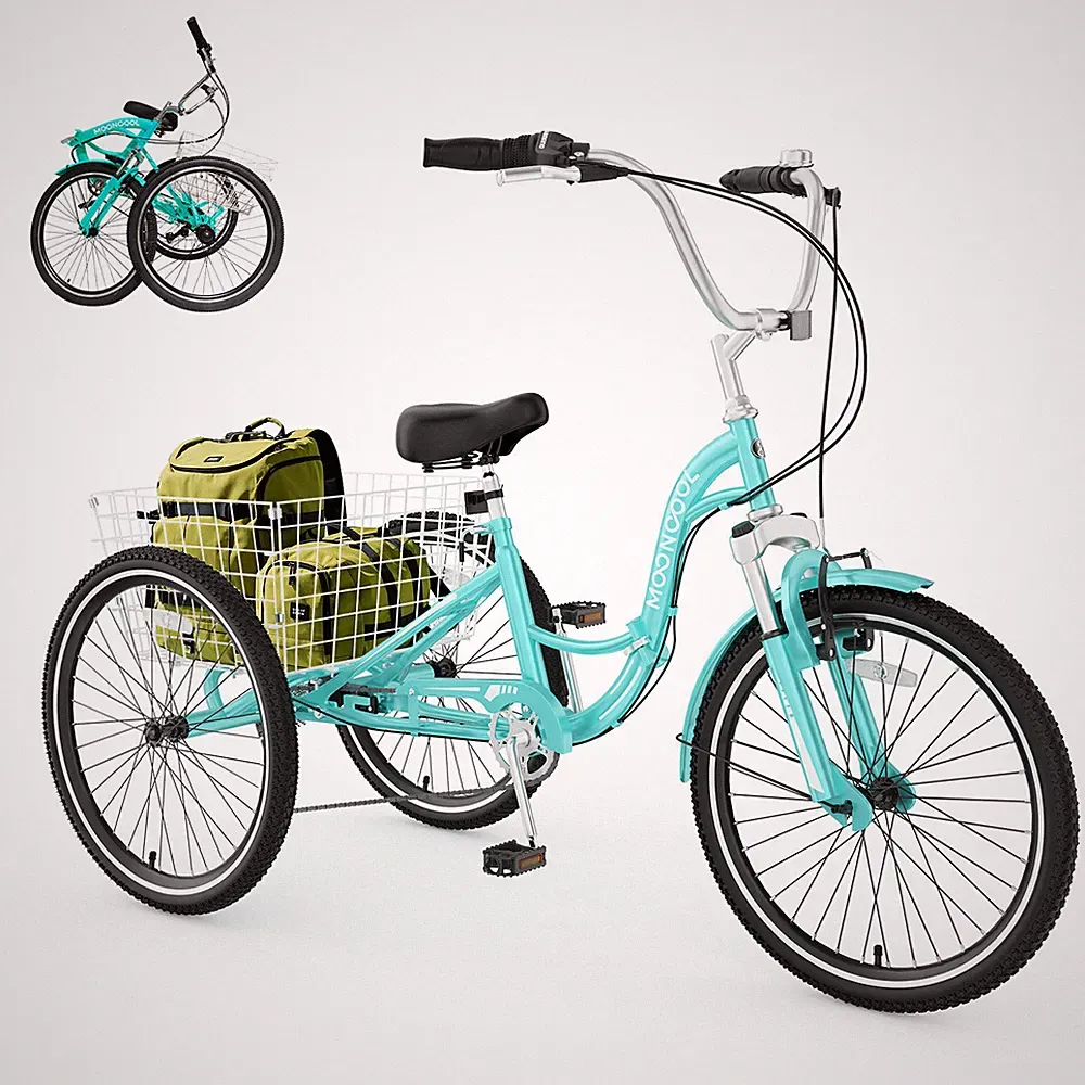 MOONCOOL Folding Tricycle 7 Speed 20" Foldable 3-Wheel Cruiser Bikes w/ Basket